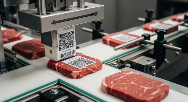 Automated labeling machine applying QR codes to raw beef steaks on a production line for enhanced traceability