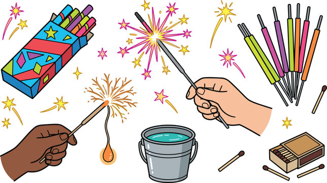 Sparkler Fireworks Collection with Handheld Celebration Sparklers Safety Bucket and Festival Party Vector Illustration Set