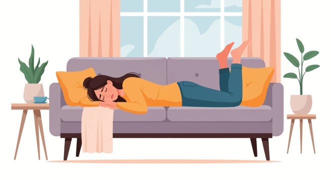Flat vector illustration of an exhausted young woman lying face down on a gray couch in a living room, wearing a yellow shirt and blue pants, with plants and pillows nearby.