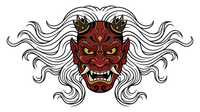 Red Hannya mask with flowing white hair