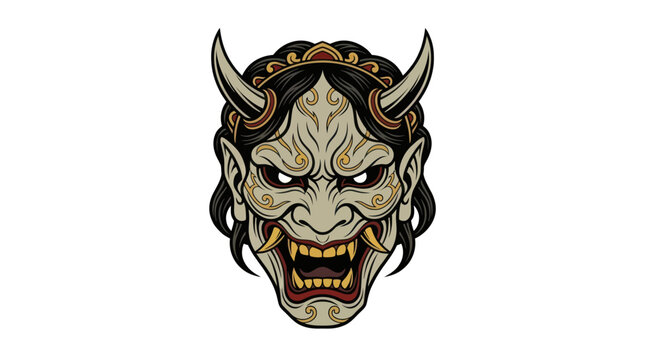 Traditional Japanese hannya demon mask with horns