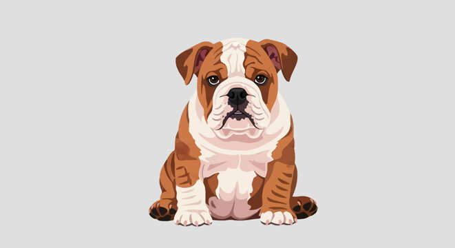 Vector illustration of a brown and white English Bulldog puppy sitting on a solid grey background, highlighting distinctive facial wrinkles, stocky build, and floppy ears.