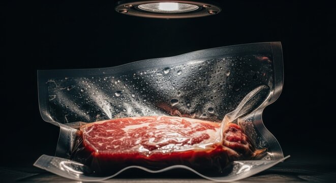 Close-up macro view of raw beef steak vacuum sealed in plastic packaging with moisture droplets