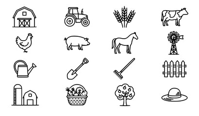 Obraz premium Black farm and agriculture icon set with farming and livestock silhouettes