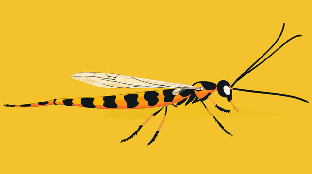 A wasp with orange body, black and yellow stripes, wide-set eyes, white wings, extended antennae, six legs, truncated tail, long abdomen on yellow background