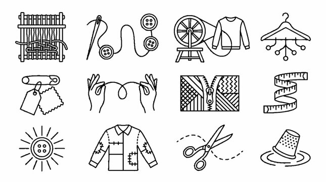 Collection of sewing and tailoring line icons featuring needle thread scissors and loom.