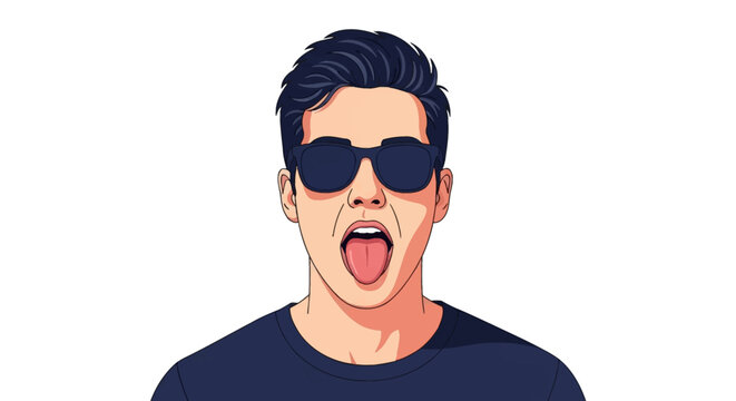 Vector illustration of a young man with dark hair and black sunglasses sticking his tongue out, wearing a navy blue crew neck t-shirt, isolated on a white background, front view.