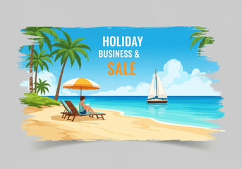 Obraz premium Vector illustration of woman relaxing on beach lounge chair under yellow umbrella on tropical sand with palm trees, sailboat in blue ocean, and Holiday Business Sale text.