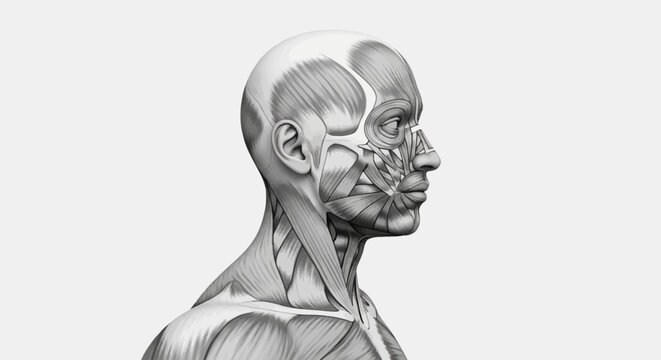 Medical illustration of human head and neck muscular system; profile view showing facial muscles, masseter, temporalis, and cervical musculature in grayscale on white background.