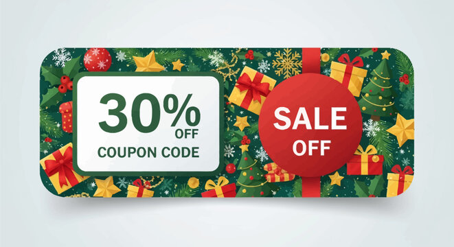 Christmas gift voucher design with 30 percent discount offer, holiday sale coupon featuring gift boxes, pine trees, stars, and snowflakes on a green winter pattern background.