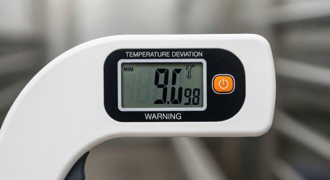 Digital medical thermometer displaying a temperature deviation warning with a clear numerical reading