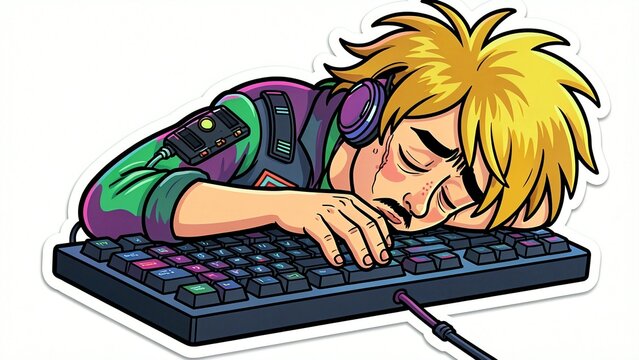 A man sleeping on a computer keyboard with headphones on