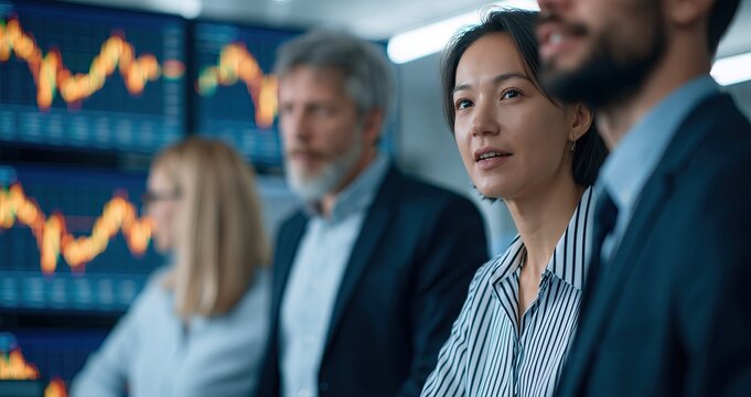 Financial charts showing live stock price changes with professionals analyzing market trends in a modern office.