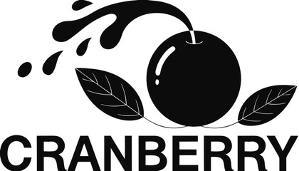 Very beautiful black and white vector of a CRANBERRY with a bold label reading "CRANBERRY", featuring smooth berry texture, realistic leaf accents, lively juice splash, and clean natural styling, isol © ehsanollah