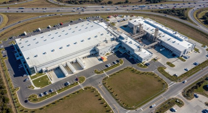 Expansive industrial complex with a large warehouse, manufacturing buildings, and busy highway visible from aerial perspective.
