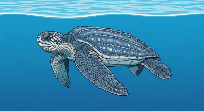 Side view vector illustration of a leatherback sea turtle, Dermochelys coriacea, swimming in the deep blue ocean with stylized surface ripples and detailed shell ridges and skin.