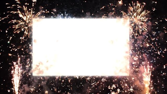 Festive Firework Burst Frame with White Copy Space - A vibrant burst of colorful fireworks explodes in a dark night sky, forming a decorative border around a bright, glowing white rectangular area.