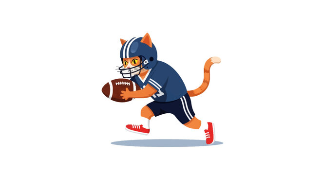 Vector illustration of a ginger tabby cat athlete wearing a blue American football uniform and helmet running with a ball. Sports feline mascot character on a white background.