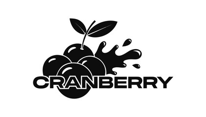 Very beautiful black and white vector of a CRANBERRY with a bold label reading "CRANBERRY", featuring smooth berry texture, realistic leaf accents, lively juice splash, and clean natural styling, isol © ehsanollah