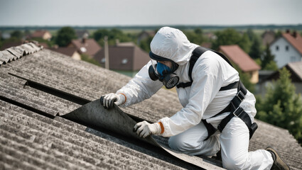 Obraz premium Professional asbestos removal worker in full protective equipment removing corrugated asbestos roofing. Documentary-style image of hazardous material remediation and occupational safety.