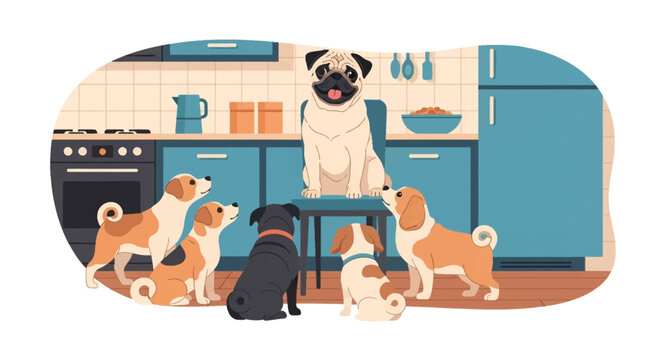 Flat vector illustration of a pug dog sitting on a blue chair in a modern kitchen, surrounded by five smaller dogs of different breeds looking up in a domestic interior setting.