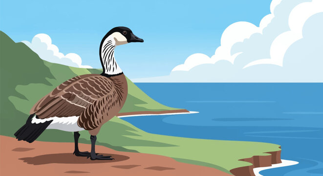 Vector illustration of a Hawaiian goose or Nene (Branta sandvicensis) standing on a coastal landscape overlooking the blue Pacific Ocean with green hills and white clouds in the sky.