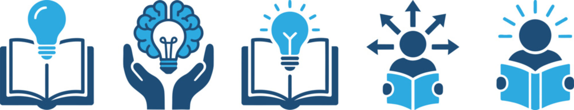 icons of learning and inspiration with books and lightbulbs