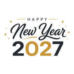 Happy new year 2027 greeting with gold and black text and stars © MD