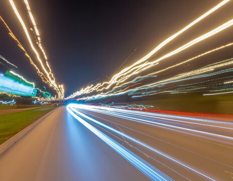 Dynamic streaks of vibrant neon light blaze into the distance from a nighttime highway, capturing the exhilarating sensation of rapid motion and the luminous energy of oncoming traffic blurring