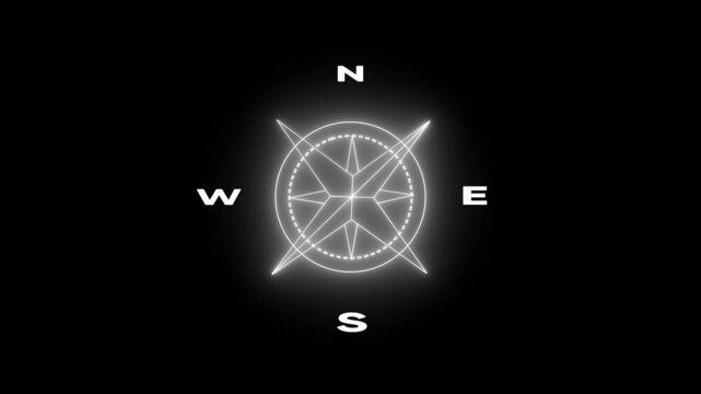 Glowing neon compass rose navigation animation on black background, for travel and, technology projects