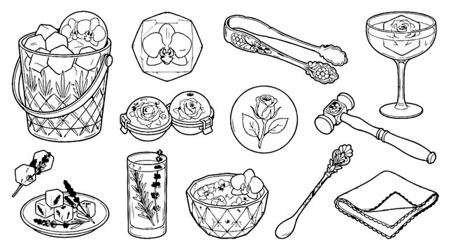 Hand drawn vector set of bar tools and cocktail accessories for mixology and ice preparation.
