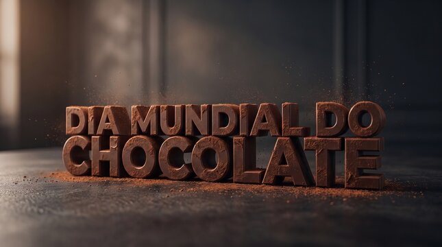 Letreiro tridimensional em chocolate amargo com part&iacute;culas de cacau suspensas para campanhas sofisticadas do Dia Mundial do Chocolate
