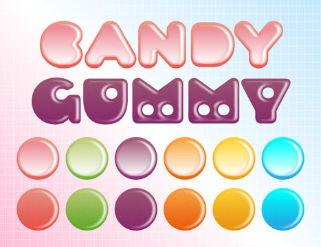 ぷにぷにグミ＆キャンディ風のテキストエフェクト。カラフルで編集可能な装飾文字のベクター素材。