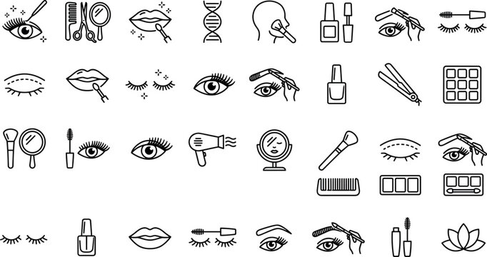 Beauty and makeup line icon vector set featuring cosmetics salon equipment eyes eyelashes eyebrows and face care elements on white background