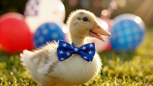 Adorable Duckling with Star Bow and Patriotic Balloons - A cute baby duckling wearing a blue bow with white stars is shown outdoors with red, white, and blue balloons.