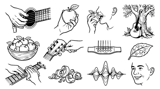 Collection of hand drawn sketches featuring acoustic guitar playing and fresh apples.