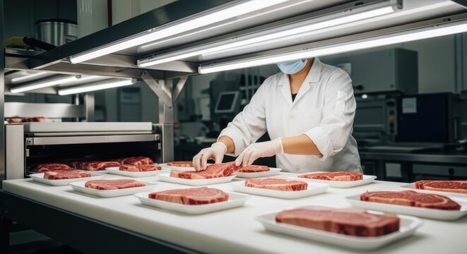Food industry worker carefully placing premium beef steaks onto packaging trays under bright overhead lights