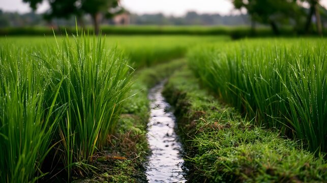 Lush rice paddy fields with sparkling irrigation canals create a tranquil and inviting rural landscape