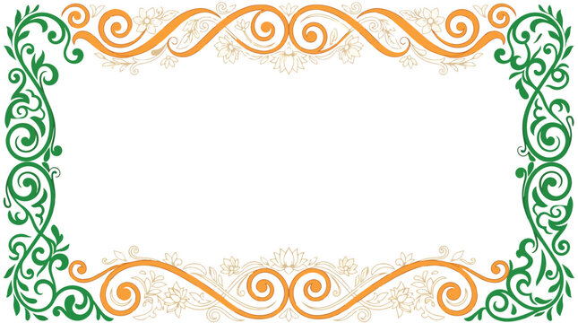 Elegant Indian Independence Day decorative border with floral motifs and swirls in saffron, green, and white colors