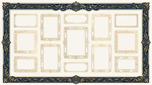 Ornate Golden Picture Frames Arrangement on Textured Cream Background
