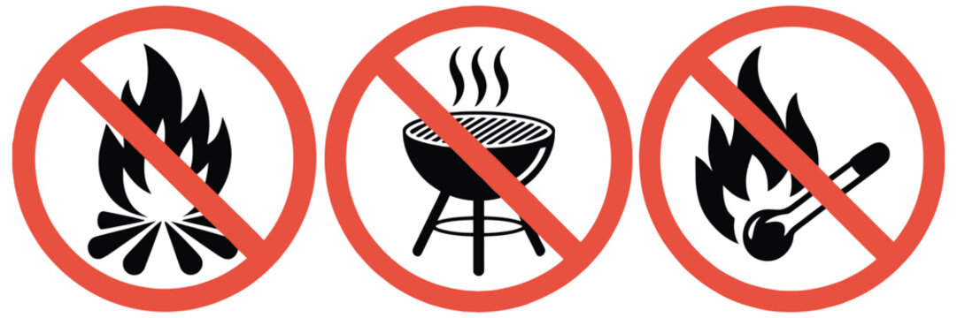 No open fire prohibition signs, red warning circle icons for fire, grilling and match restrictions, safety and hazard prevention vector.