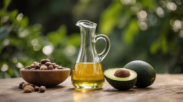 A small glass pitcher overflows with golden avocado oil, positioned near a wooden bowl filled with nutritious nuts and a halved avocado, all set against a soft, leafy verdant backdrop