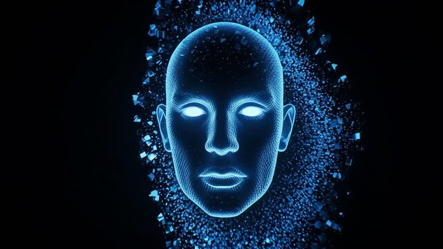 Luminous blue human head rendered in 3D, appearing to dissolve into a cloud of sparkling particles against a darkened canvas, evoking themes of transformation, digital consciousness