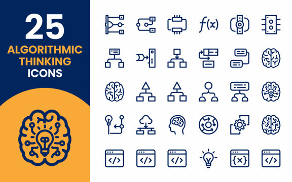 Algorithmic thinking icons set for programming and coding concepts  business solutions