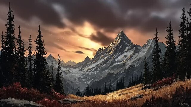 Jagged mountain range under vibrant cosmic sky viewed from forested clearing