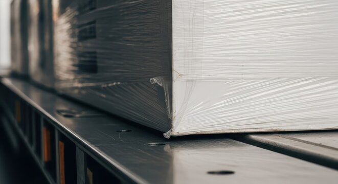 Neatly shrink-wrapped products stacked and secured for logistics and transport, showcasing industrial packaging methods