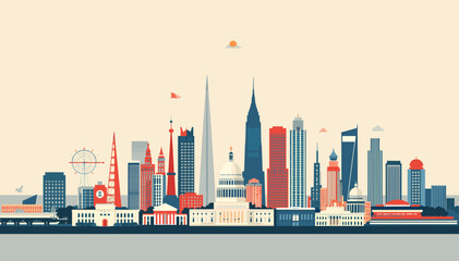 Obraz premium Stylized flat design illustration of a diverse cityscape featuring various iconic buildings and skyscrapers under a muted sky.