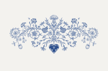 Flowers of the Meadow. Floral composition. Vector vintage decorative element. Inspired by the Renaissance. Blue and white