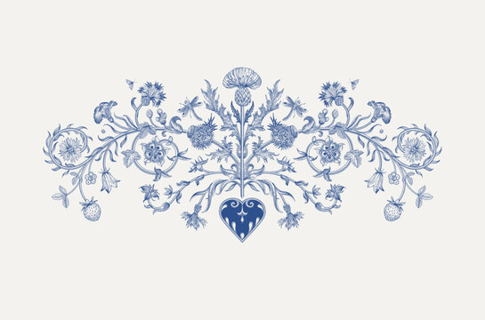 Flowers of the Meadow. Floral composition. Vector vintage decorative element. Inspired by the Renaissance. Blue and white