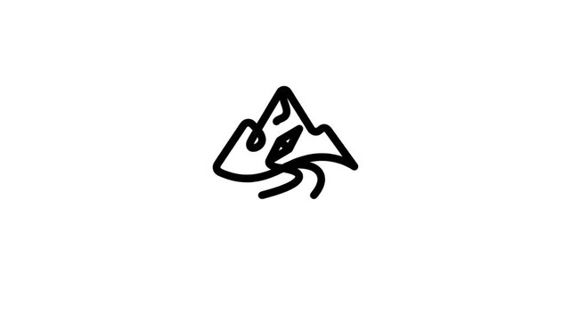 A simple illustration of a mountain with a river and trees logo design